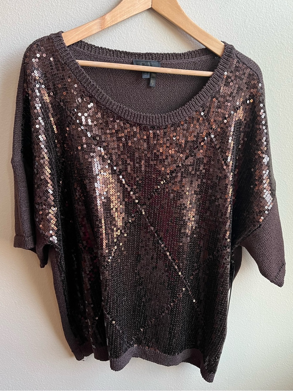 Donna Karan Sequin-Paneled Diamond Stitch Sweater in Chocolate Brown NWT - Picture 7 of 11